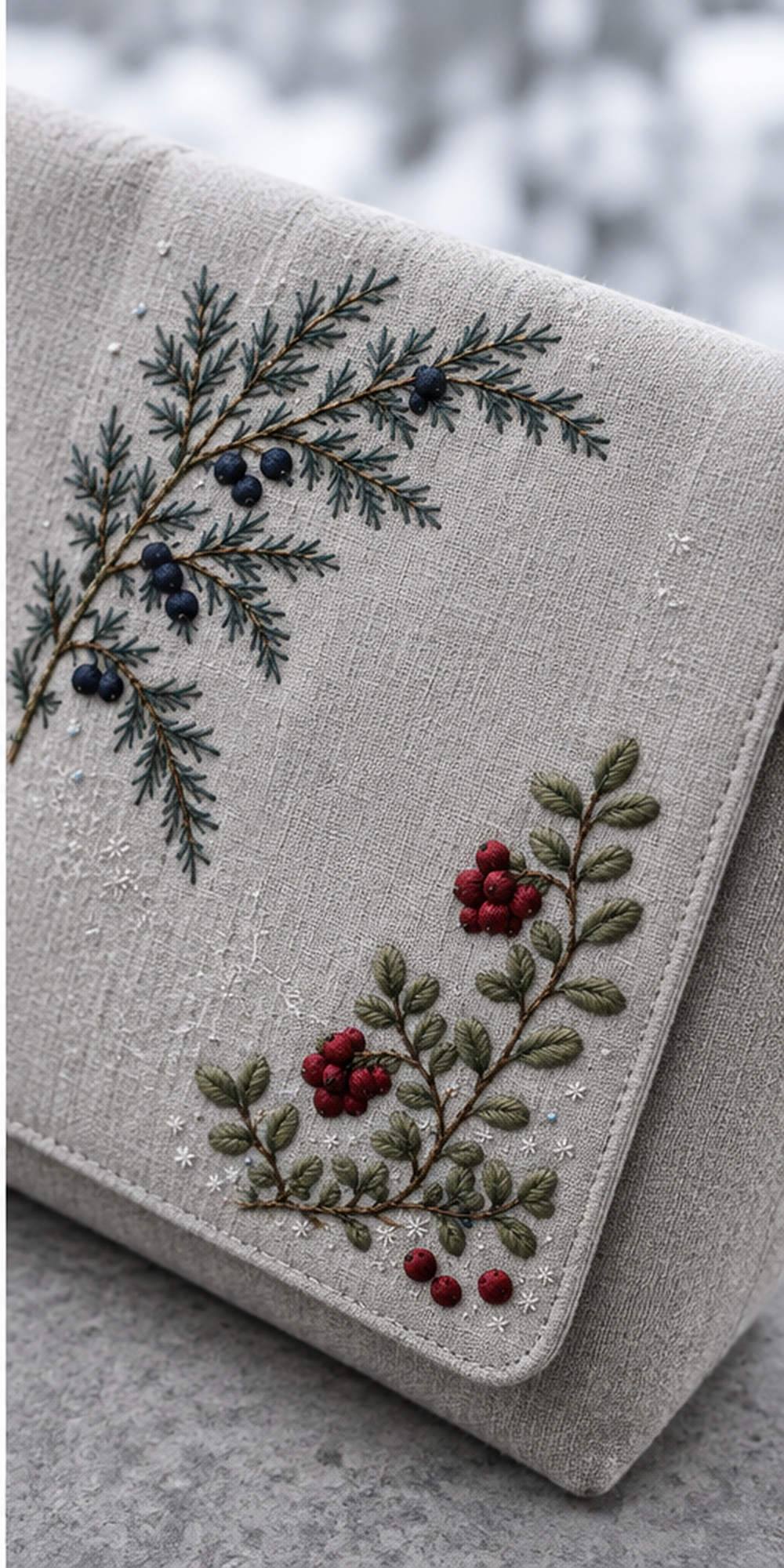Linen notebook cover mockup featuring the Frosted Juniper and Lingonberry hand embroidery design. Juniper descends from the upper left while lingonberry rises from the lower right.