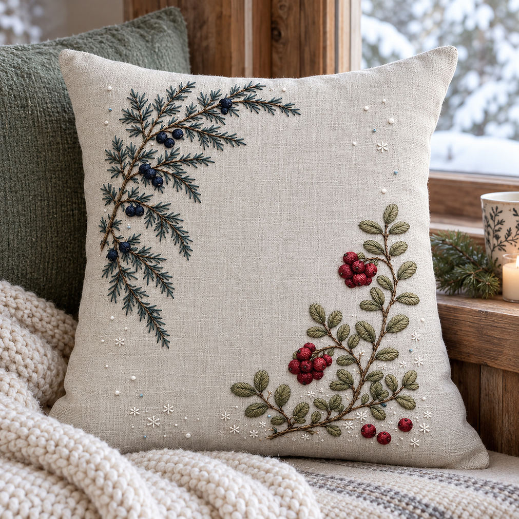 Linen cushion mockup featuring the Frosted Juniper and Lingonberry hand embroidery design. Juniper descends from the upper left while lingonberry rises from the lower right.