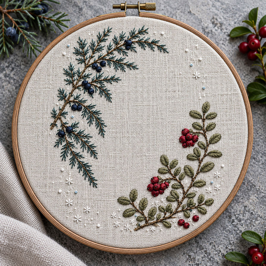Embroidery hoop mockup featuring the Frosted Juniper and Lingonberry hand embroidery design. Juniper descends from the upper left while lingonberry rises from the lower right.