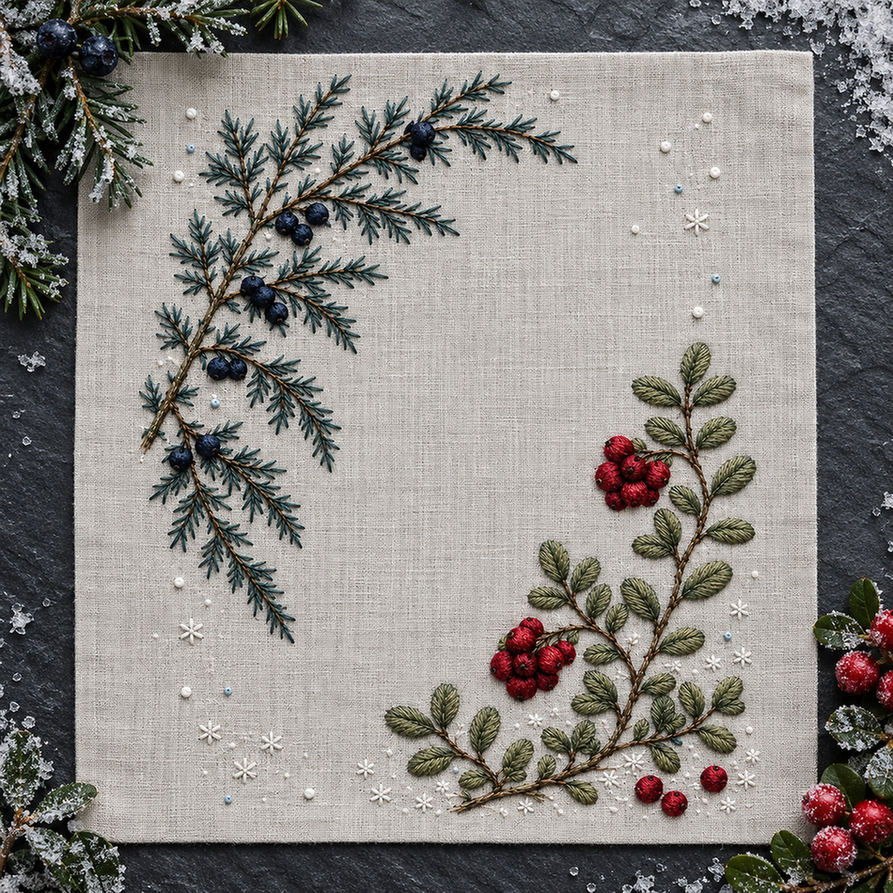 Close view of juniper and berries mockup featuring the Frosted Juniper and Lingonberry hand embroidery design. Juniper descends from the upper left while lingonberry rises from the lower right.