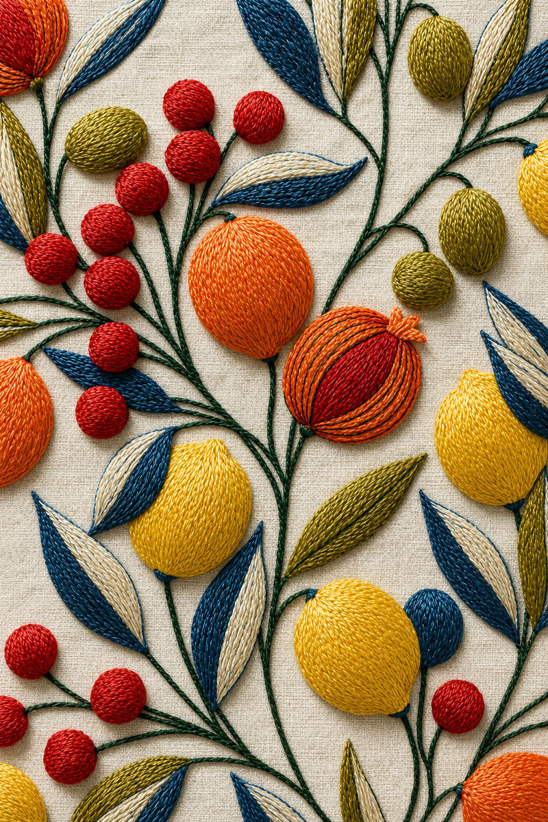 Fruit And Leaf Kitchen Motif from Napkins, Table Runners & Kitchen Linens Book 2, a digital embroidery design reference for machine embroidery designs, embroidery patterns and border and edge embroidery.