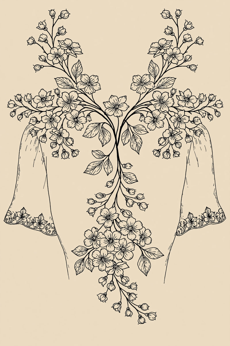 Full Botanical Garment Placement Plate 02 from Neckline & Collar Embroidery Designs Book 2, a digital embroidery design reference for machine embroidery designs, embroidery patterns and lace and broderie details.