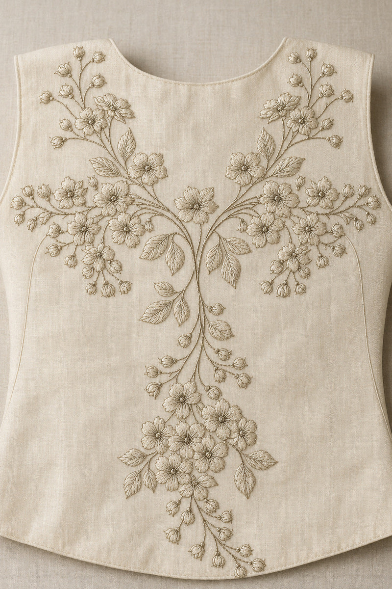 Full Botanical Garment Placement Plate from Neckline & Collar Embroidery Designs Book 2, a digital embroidery design reference for machine embroidery designs, embroidery patterns and lace and broderie details.