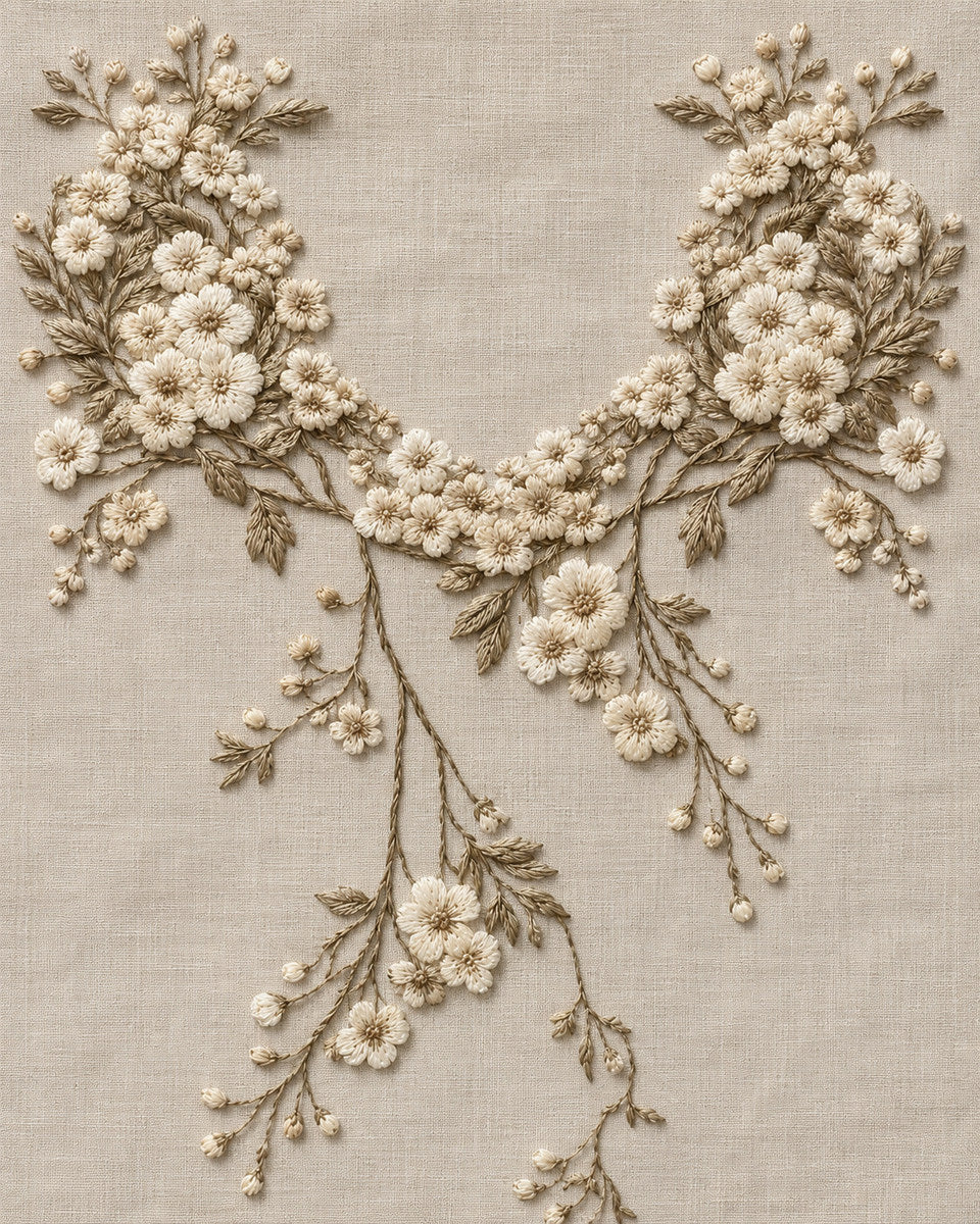 Garden Collar And Shoulder Composition 02 from Neckline & Collar Embroidery Designs Book 3, a digital embroidery design reference for machine embroidery designs, embroidery patterns and garment placement ideas.