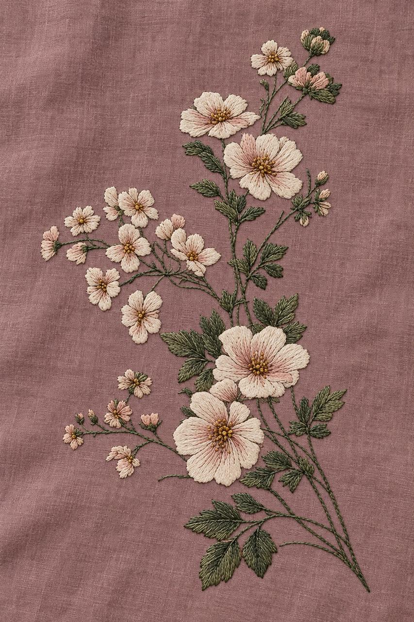 Digital embroidery visualization of small ivory and blush flowers on dusty rose linen.
