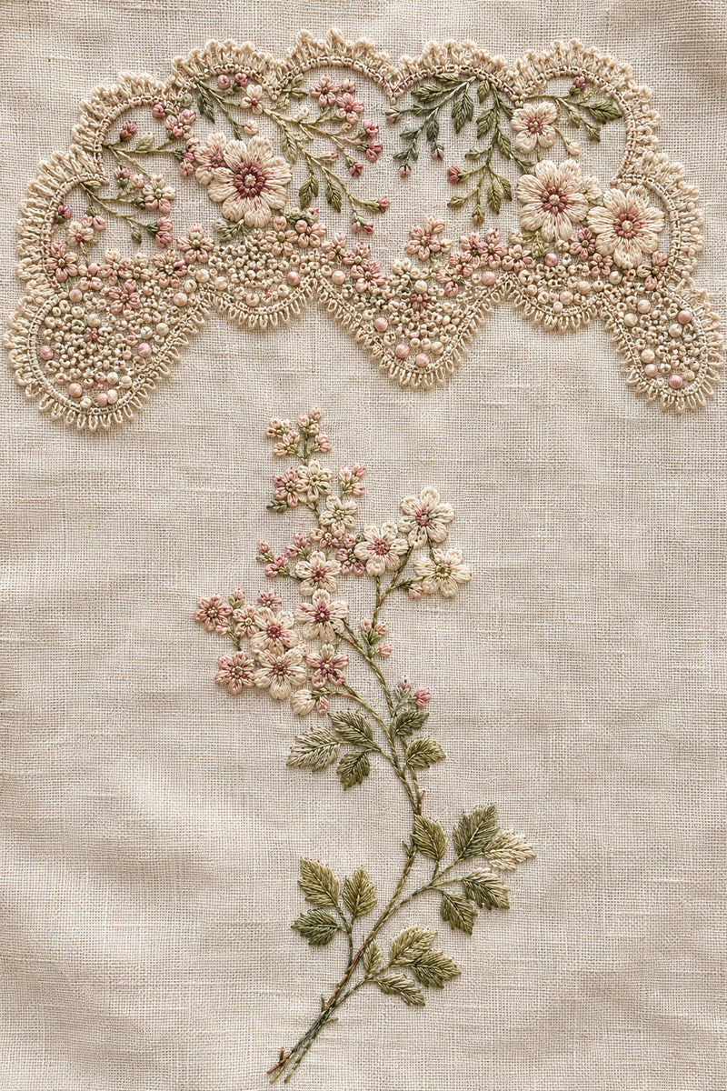 Garden Lace Border 2 from Botanical Embroidery Designs Book 3, a digital embroidery design reference for machine embroidery designs, embroidery patterns and border and edge embroidery.