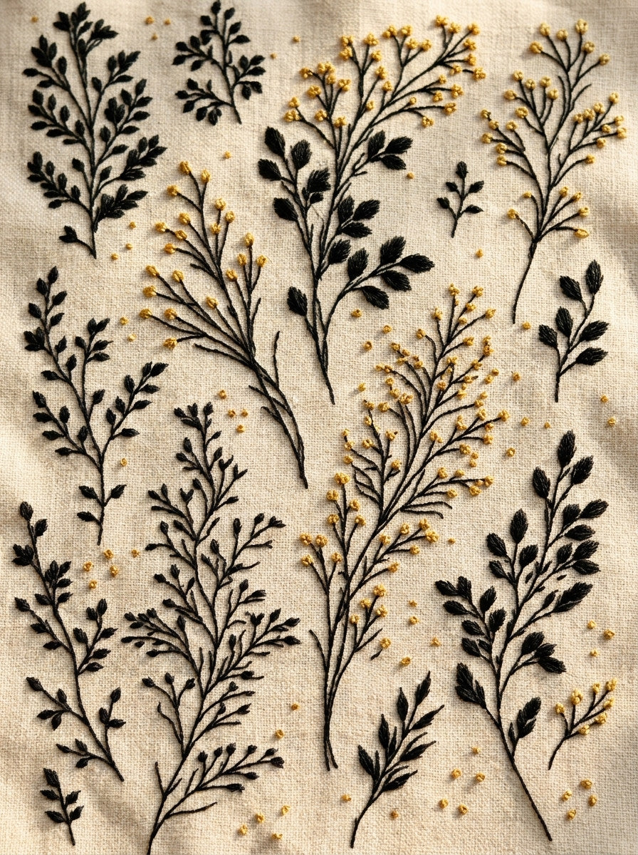 Garment Botanical Sprig Library Plate 02 from Botanical Sprig Library Book 3, a digital embroidery design reference for machine embroidery designs, embroidery patterns and garment placement ideas.