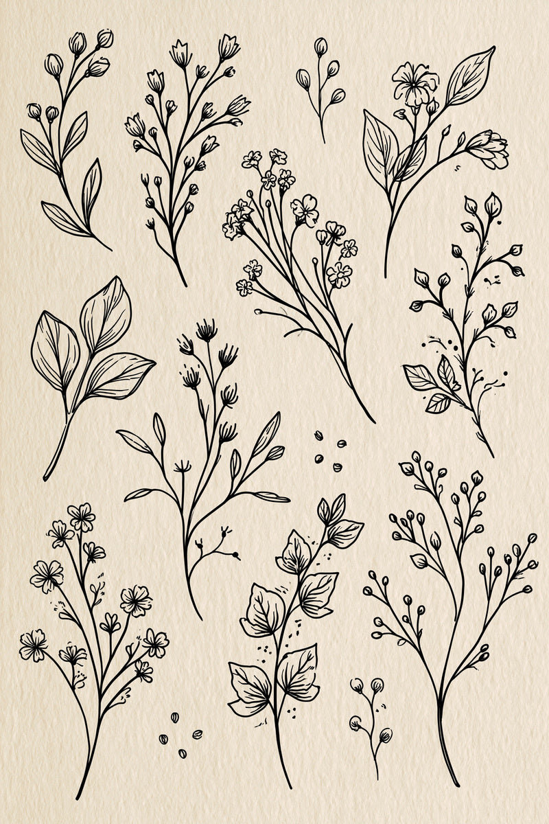 Garment Botanical Sprig Library Plate from Botanical Sprig Library Book 1, a digital embroidery design reference for machine embroidery designs, embroidery patterns and garment placement ideas.