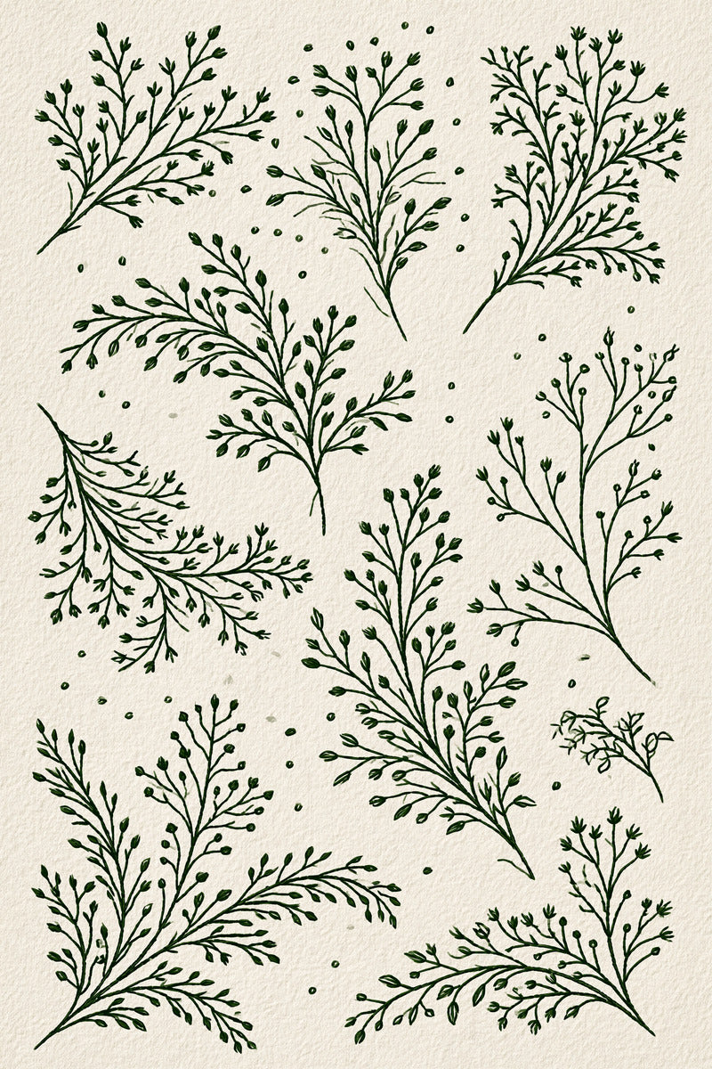 Garment Botanical Sprig Library Plate from Botanical Sprig Library Book 10, a digital embroidery design reference for machine embroidery designs, embroidery patterns and garment placement ideas.