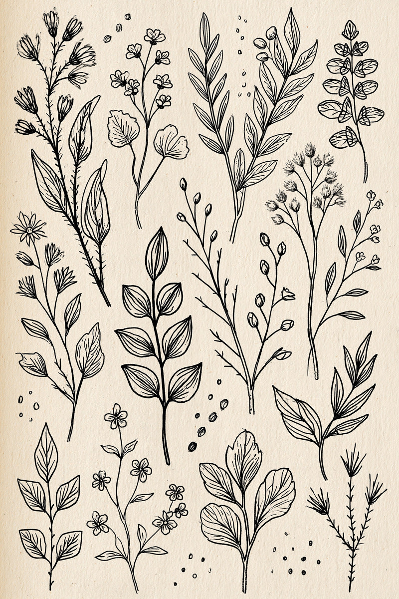 Garment Botanical Sprig Library Plate from Botanical Sprig Library Book 4, a digital embroidery design reference for machine embroidery designs, embroidery patterns and garment placement ideas.
