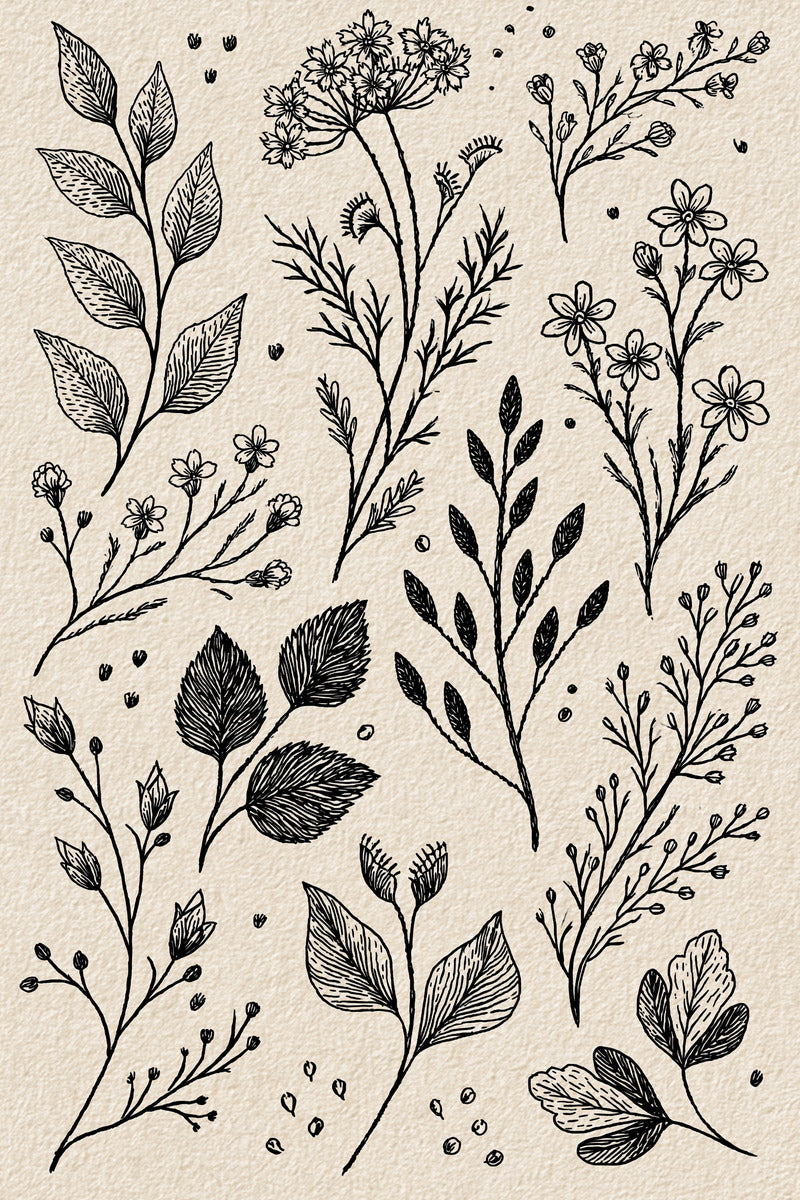 Garment Botanical Sprig Library Plate from Botanical Sprig Library Book 6, a digital embroidery design reference for machine embroidery designs, embroidery patterns and garment placement ideas.