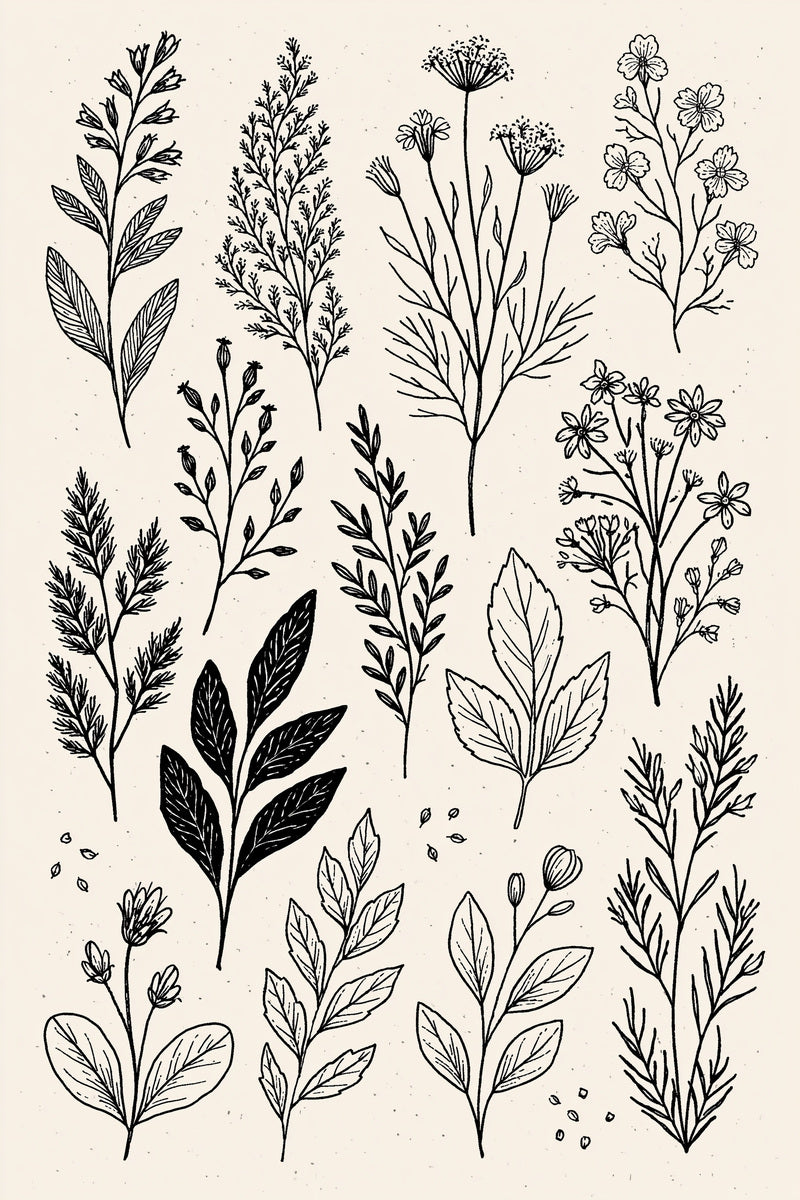Garment Botanical Sprig Library Plate from Botanical Sprig Library Book 7, a digital embroidery design reference for machine embroidery designs, embroidery patterns and garment placement ideas.