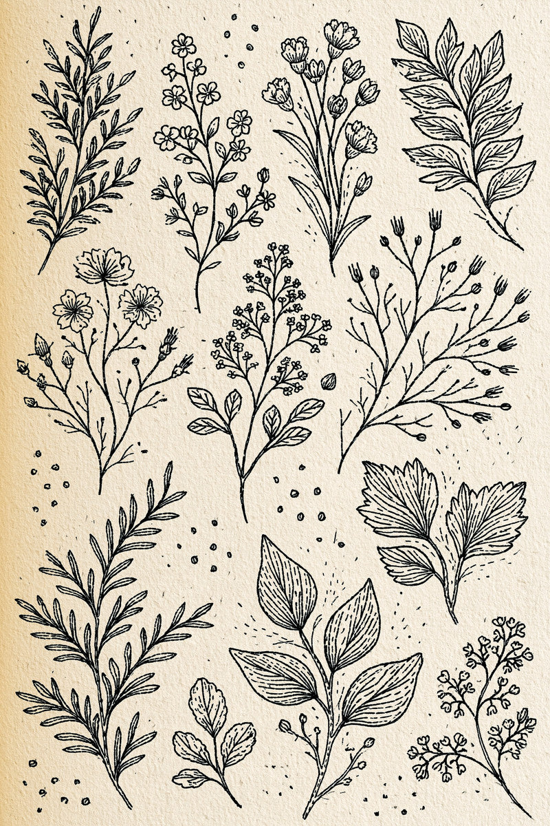 Garment Botanical Sprig Library Plate from Botanical Sprig Library Book 8, a digital embroidery design reference for machine embroidery designs, embroidery patterns and garment placement ideas.