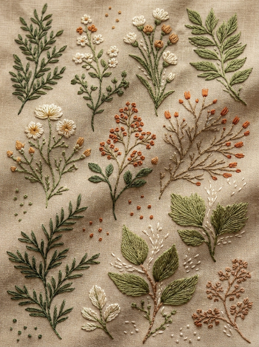 Garment Botanical Sprig Library Plate from Botanical Sprig Library Book 8, a digital embroidery design reference for machine embroidery designs, embroidery patterns and garment placement ideas.