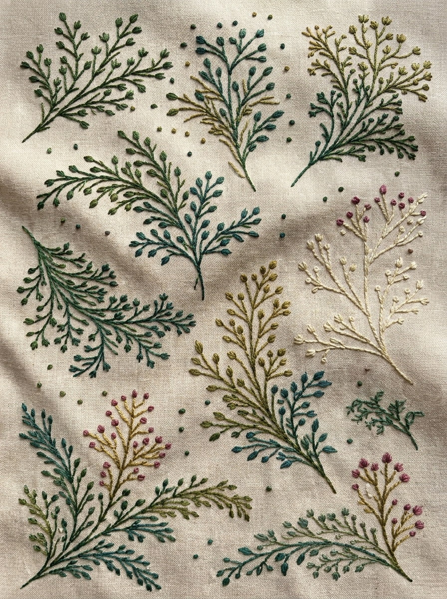 Garment Botanical Sprig Library Plate from Botanical Sprig Library Book 10, a digital embroidery design reference for machine embroidery designs, embroidery patterns and garment placement ideas.