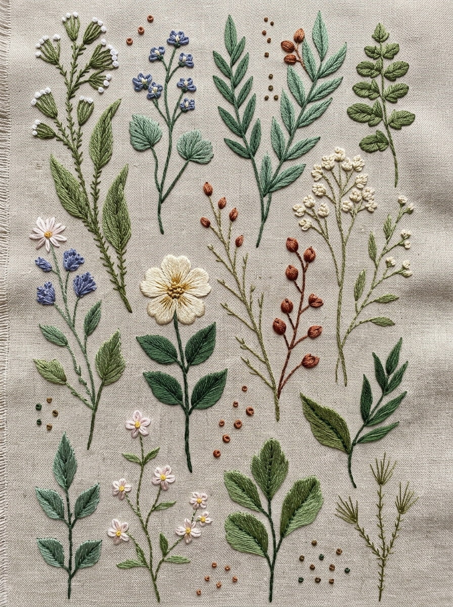 Garment Botanical Sprig Library Plate from Botanical Sprig Library Book 4, a digital embroidery design reference for machine embroidery designs, embroidery patterns and garment placement ideas.