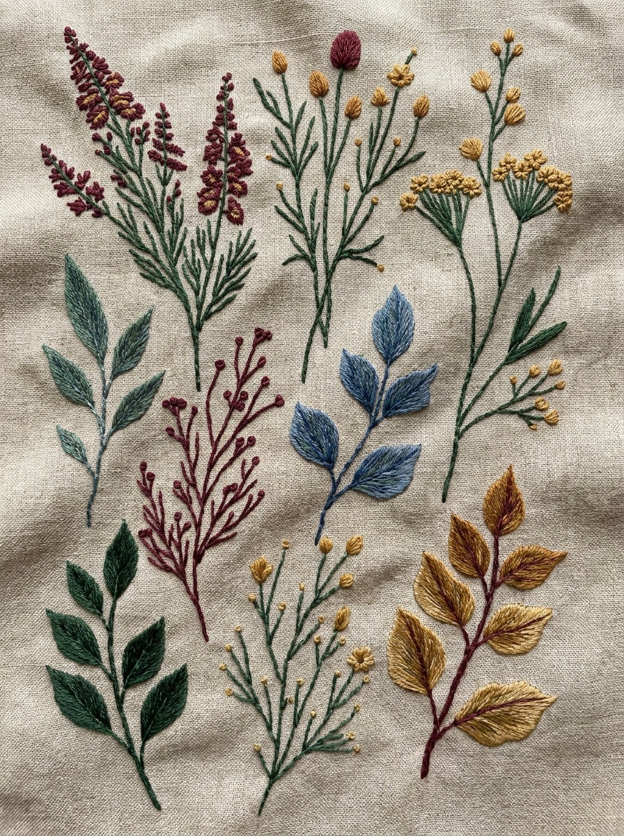 Garment Botanical Sprig Library Plate from Botanical Sprig Library Book 3, a digital embroidery design reference for machine embroidery designs, embroidery patterns and garment placement ideas.