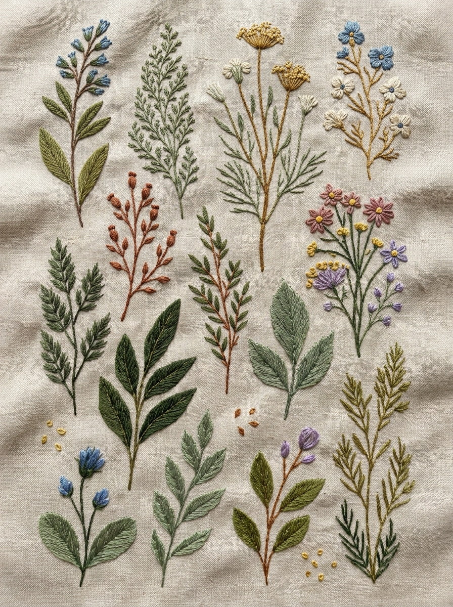 Garment Botanical Sprig Library Plate from Botanical Sprig Library Book 7, a digital embroidery design reference for machine embroidery designs, embroidery patterns and garment placement ideas.