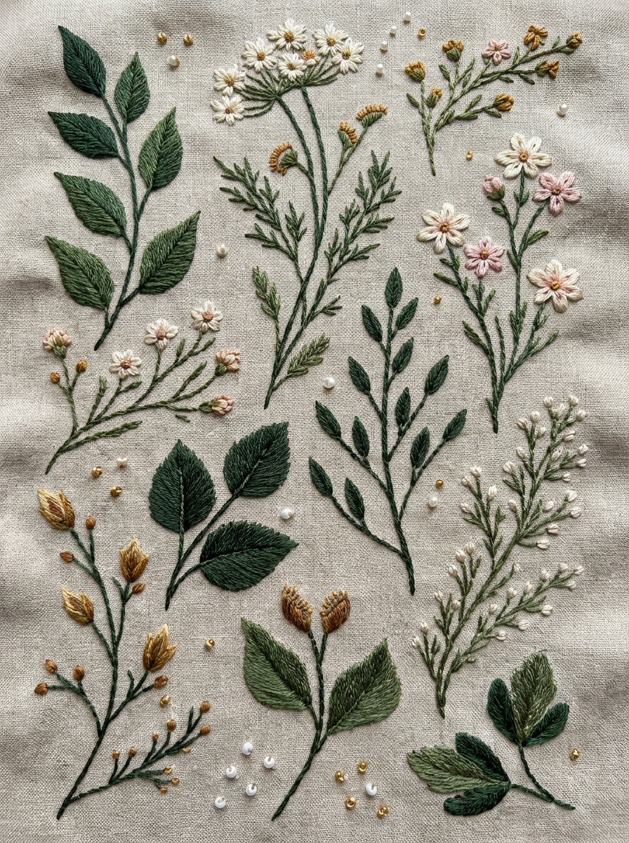 Garment Botanical Sprig Library Plate from Botanical Sprig Library Book 6, a digital embroidery design reference for machine embroidery designs, embroidery patterns and garment placement ideas.