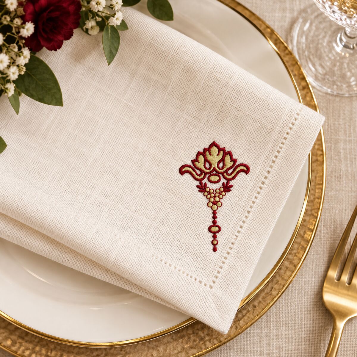 Compact garnet and champagne pendant machine embroidery on a fine linen cocktail napkin