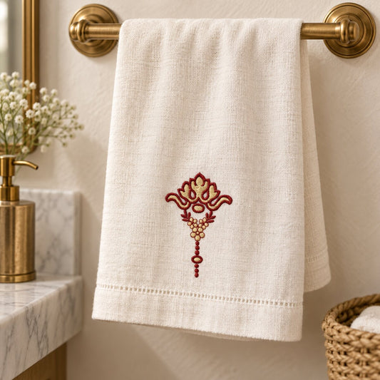 Small garnet and champagne pendant ornament machine embroidery on a warm-white linen guest towel