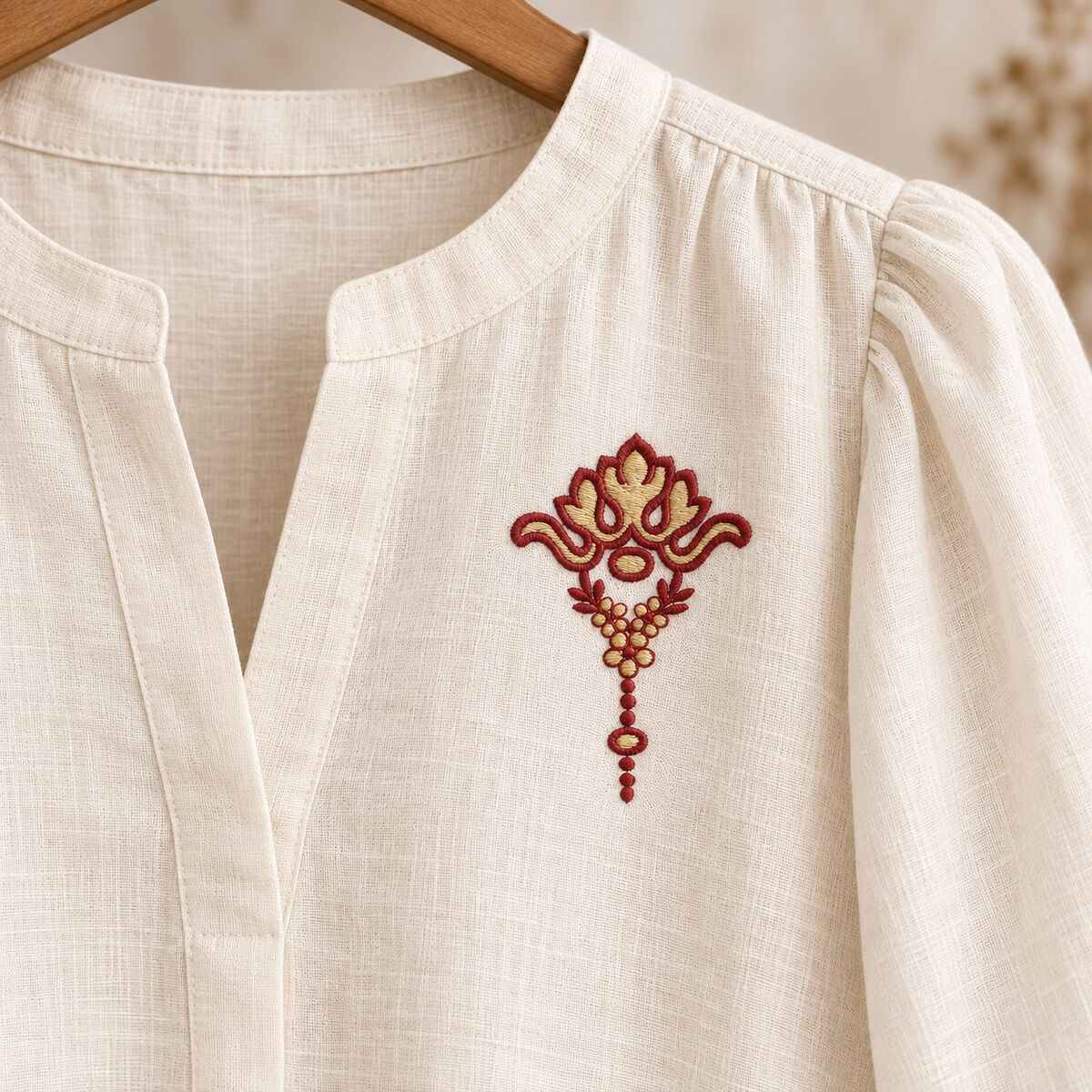 Two-color pendant ornament machine embroidery centered on the front of a cream linen blouse