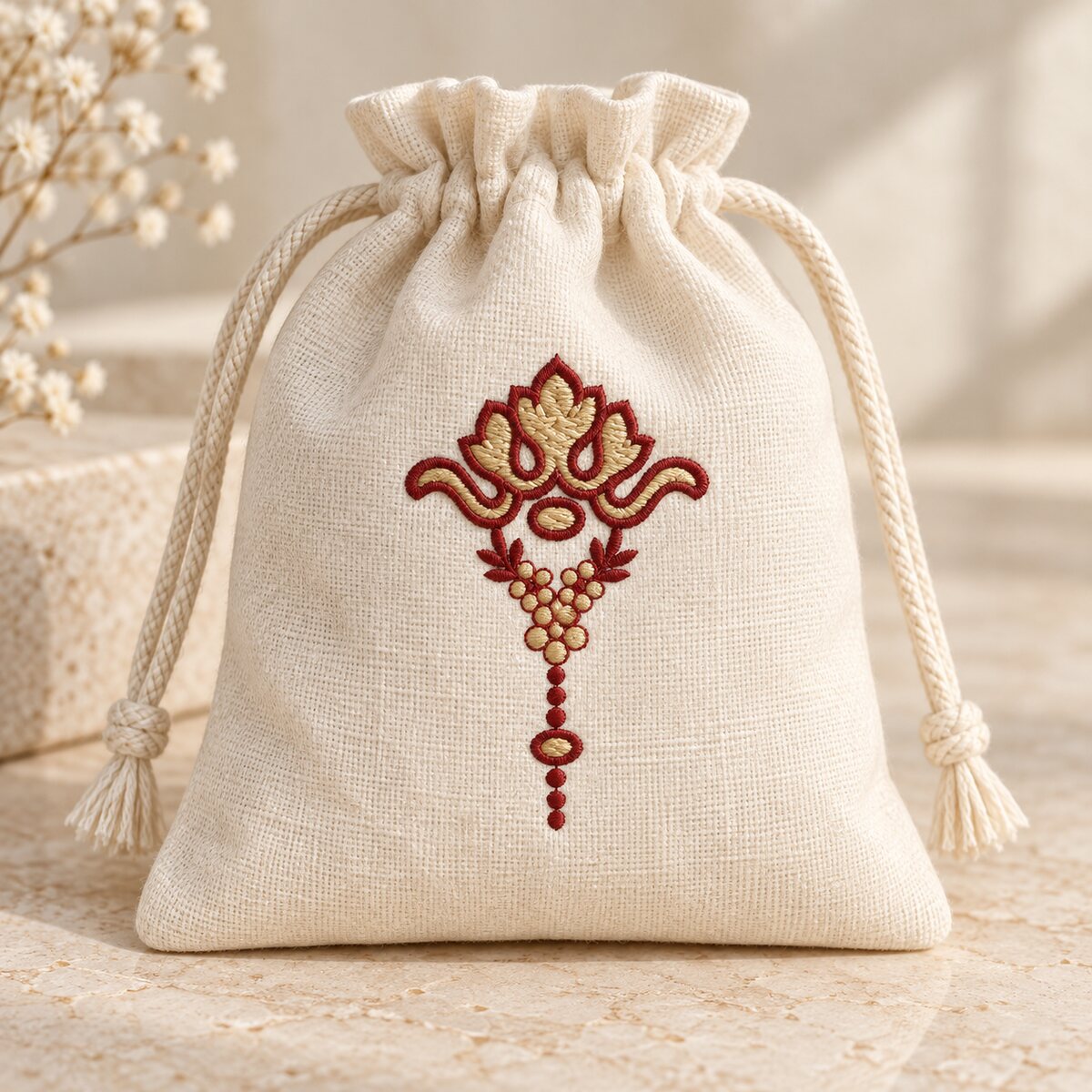 Two-color garnet and champagne pendant ornament machine embroidery on an ivory linen gift pouch