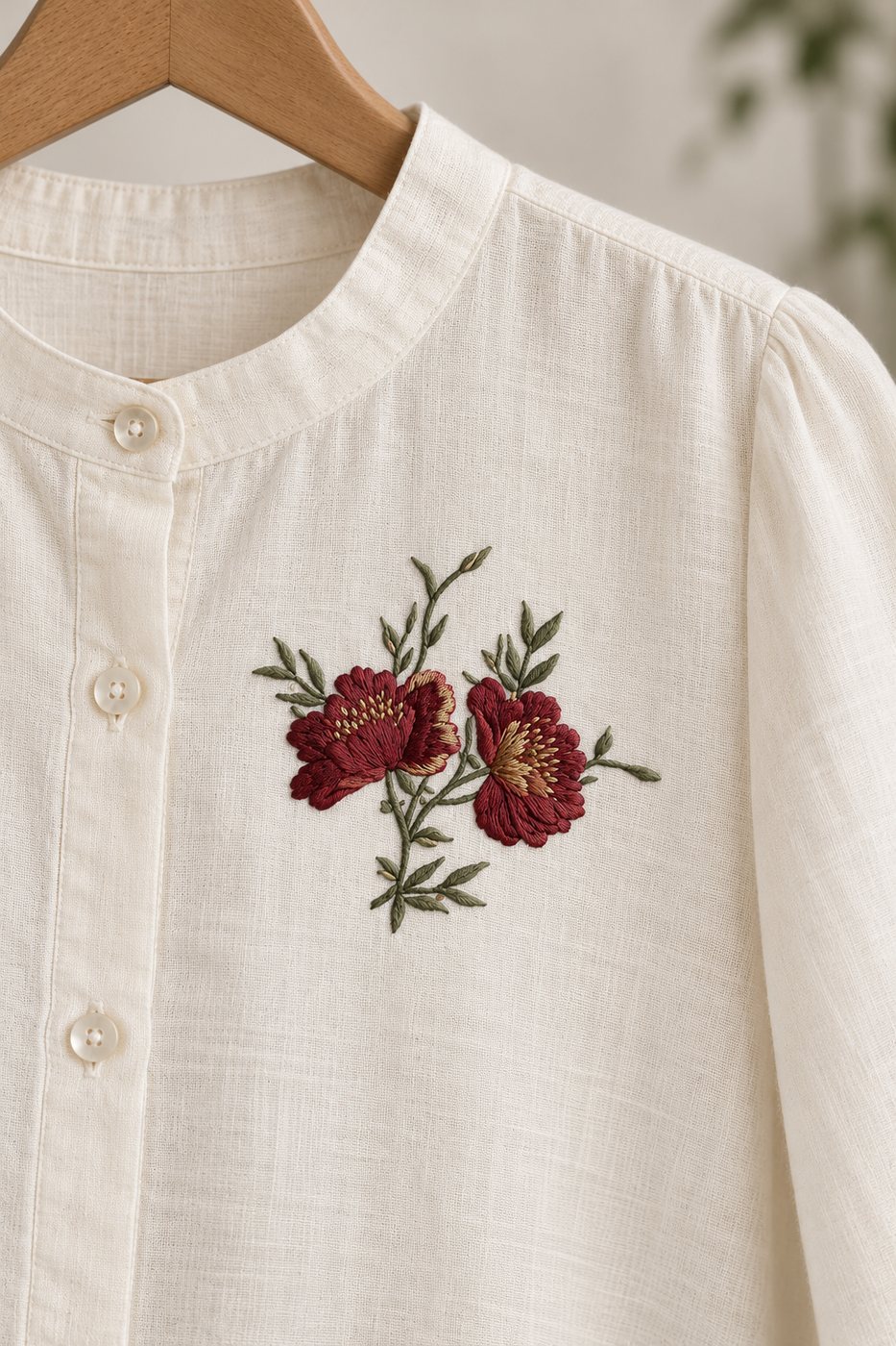 Garnet twin-bloom botanical machine embroidery placed on a warm ivory linen blouse