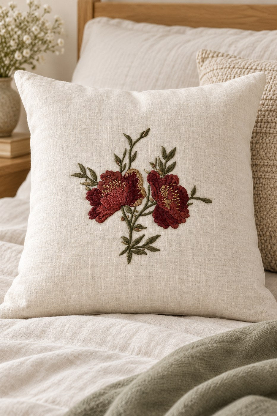 Garnet twin-bloom botanical machine embroidery with olive foliage on an ivory linen cushion