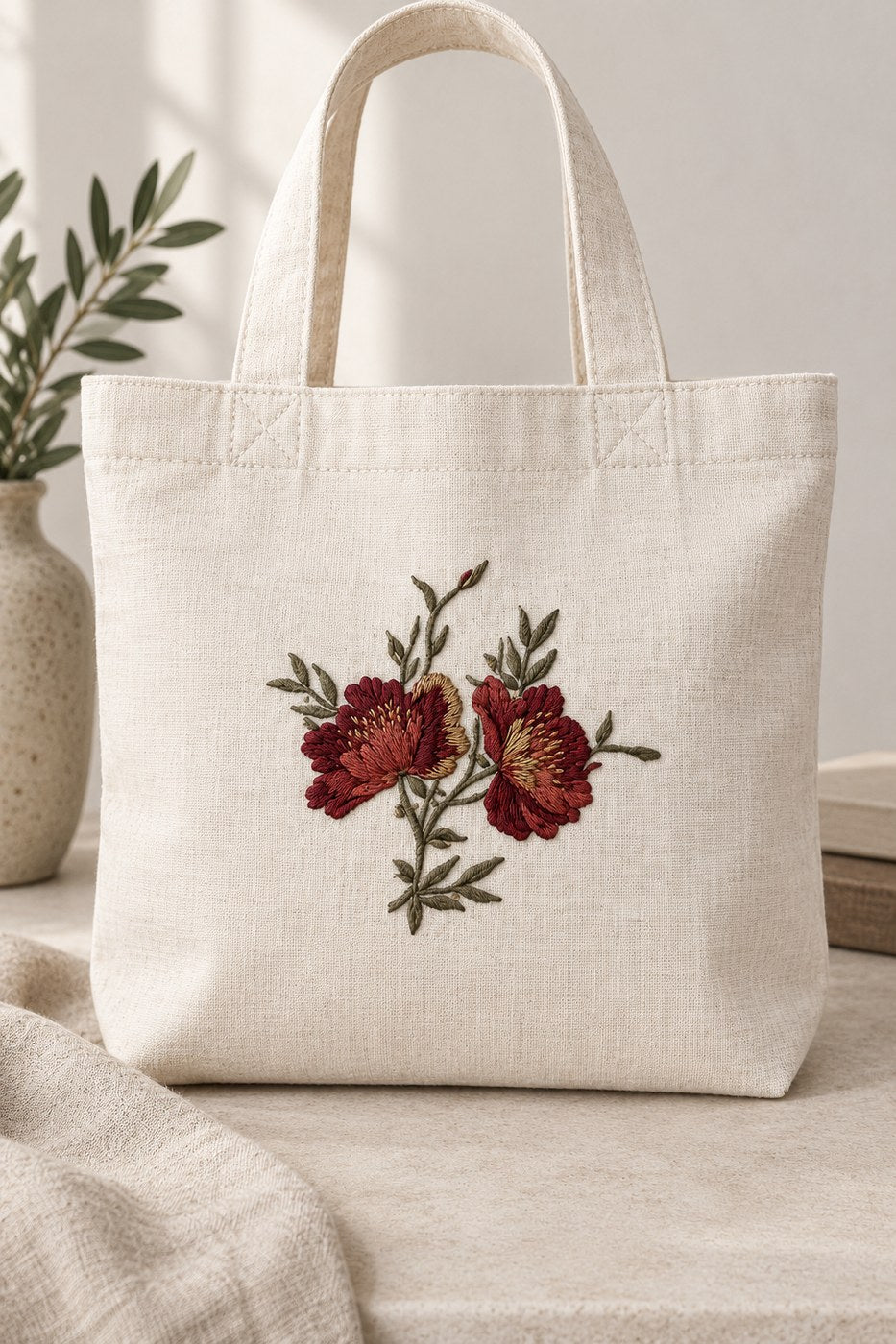Twin-bloom botanical machine embroidery in garnet and olive on a natural linen tote bag