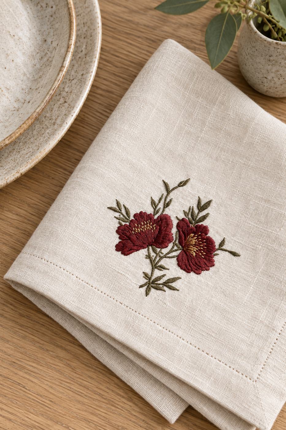 Warm garnet and sage twin-bloom machine embroidery on a natural linen table napkin