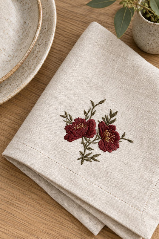 Warm garnet and sage twin-bloom machine embroidery on a natural linen table napkin