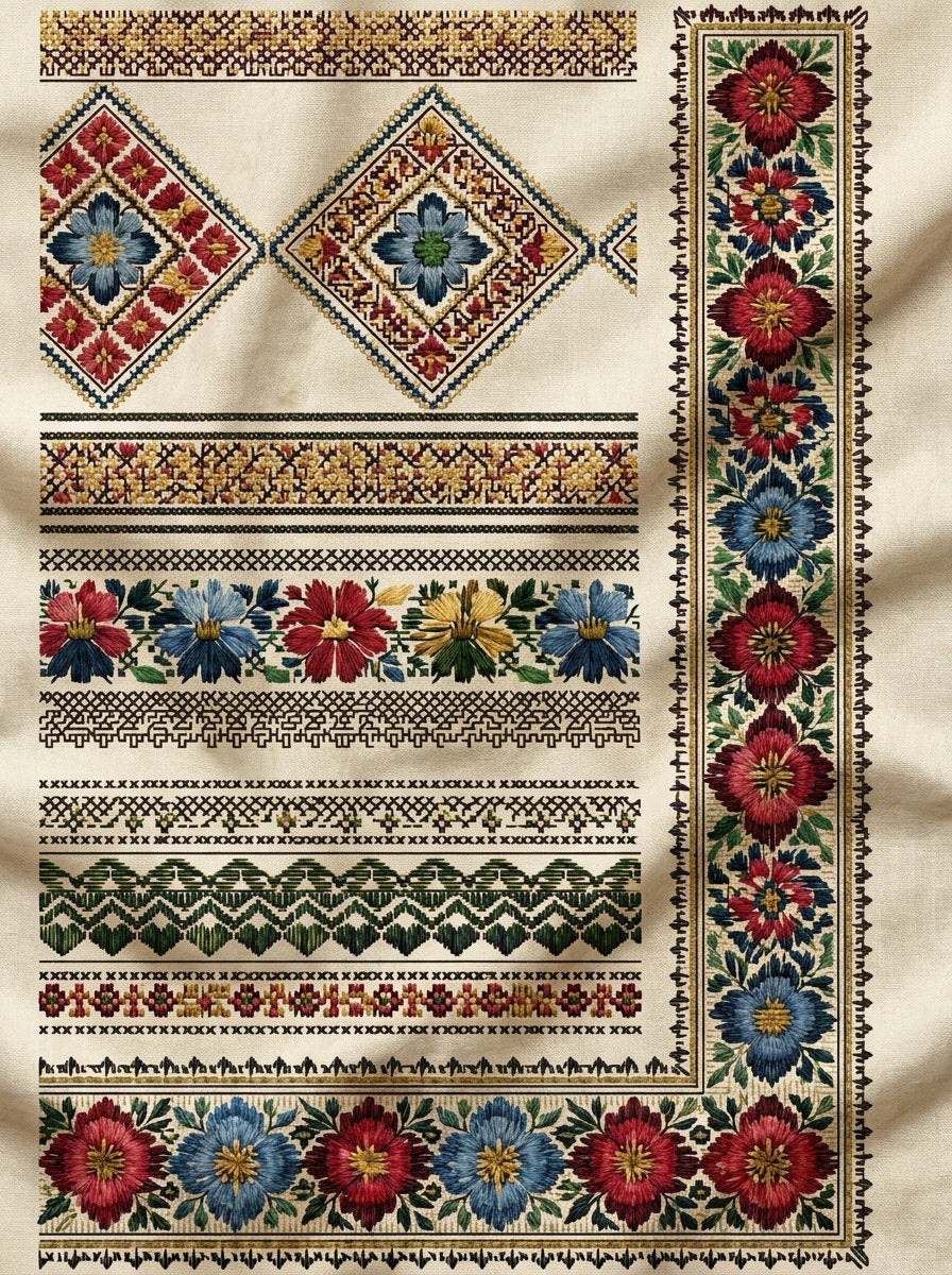 Geometric Folk Border Set from Hungarian & Slavic Embroidery Motifs Book 3, a digital embroidery design reference for machine embroidery designs, embroidery patterns and border and edge embroidery.