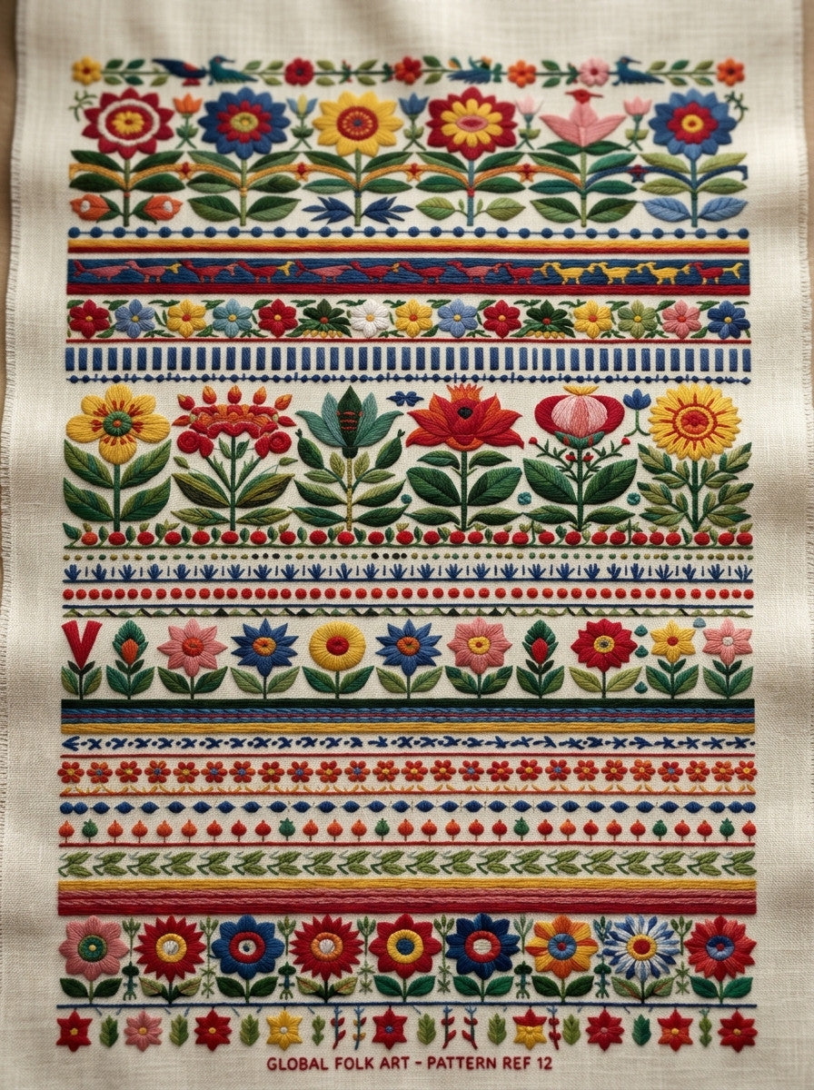 Global Folk Border Library Plate from Global Folk Art Embroidery Book 1, a digital embroidery design reference for machine embroidery designs, embroidery patterns and border and edge embroidery.