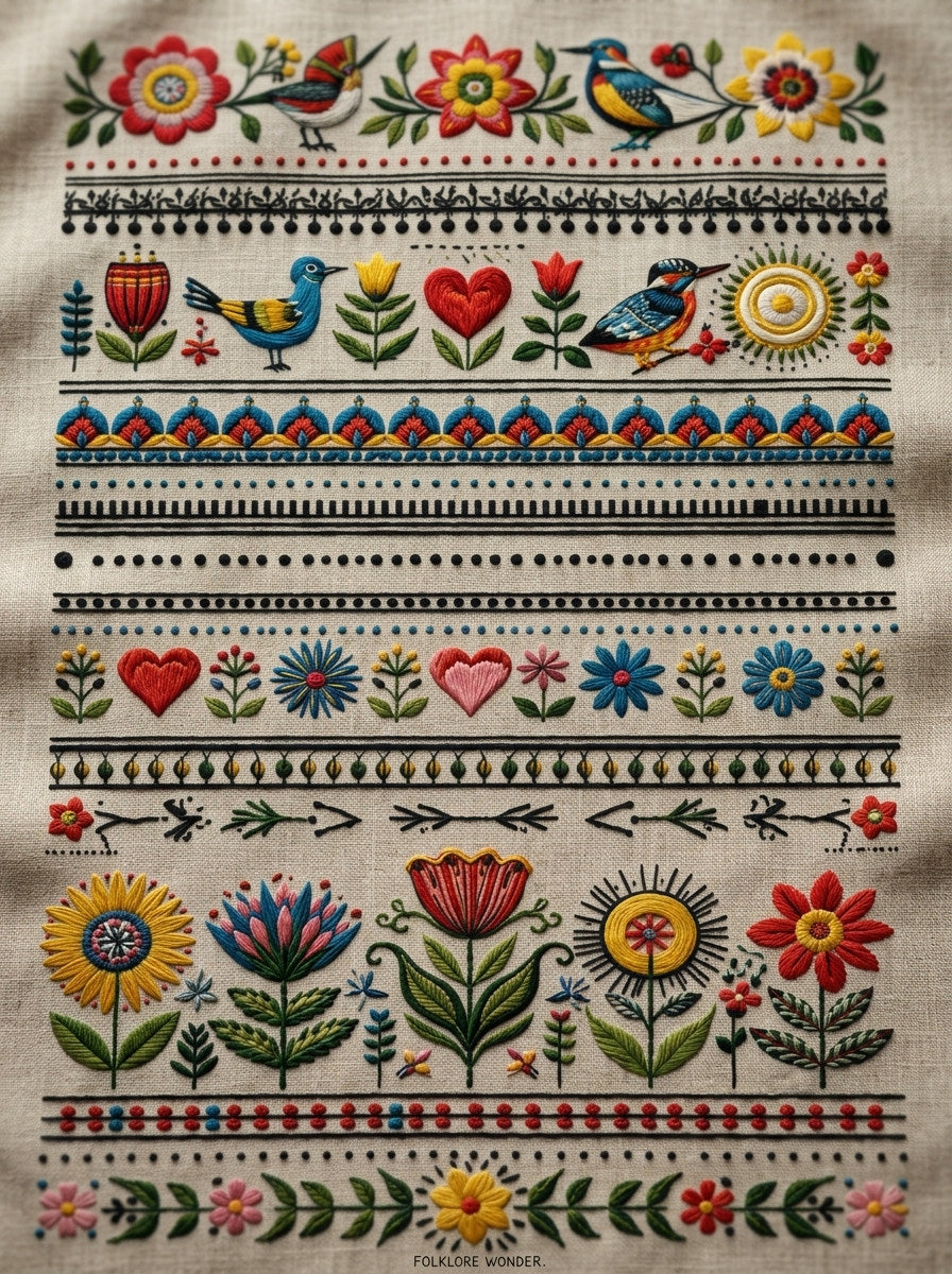 Global Folk Border Library Plate from Global Folk Art Embroidery Book 2, a digital embroidery design reference for machine embroidery designs, embroidery patterns and border and edge embroidery.