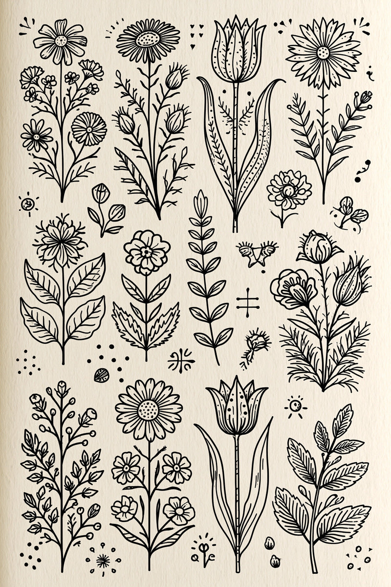 Global Folk Botanical Library Plate from Global Folk Art Embroidery Book 3, a digital embroidery design reference for machine embroidery designs, embroidery patterns and botanical and floral embroidery.