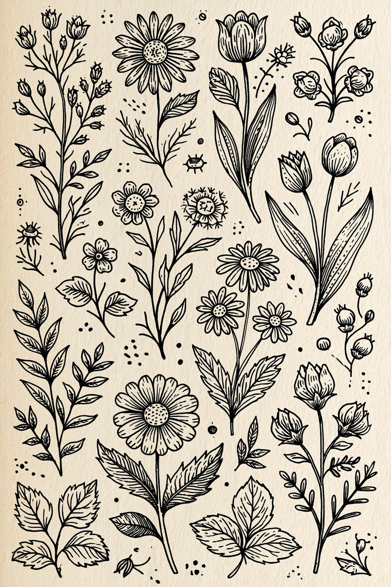 Global Folk Botanical Library Plate from Global Folk Art Embroidery Book 4, a digital embroidery design reference for machine embroidery designs, embroidery patterns and botanical and floral embroidery.