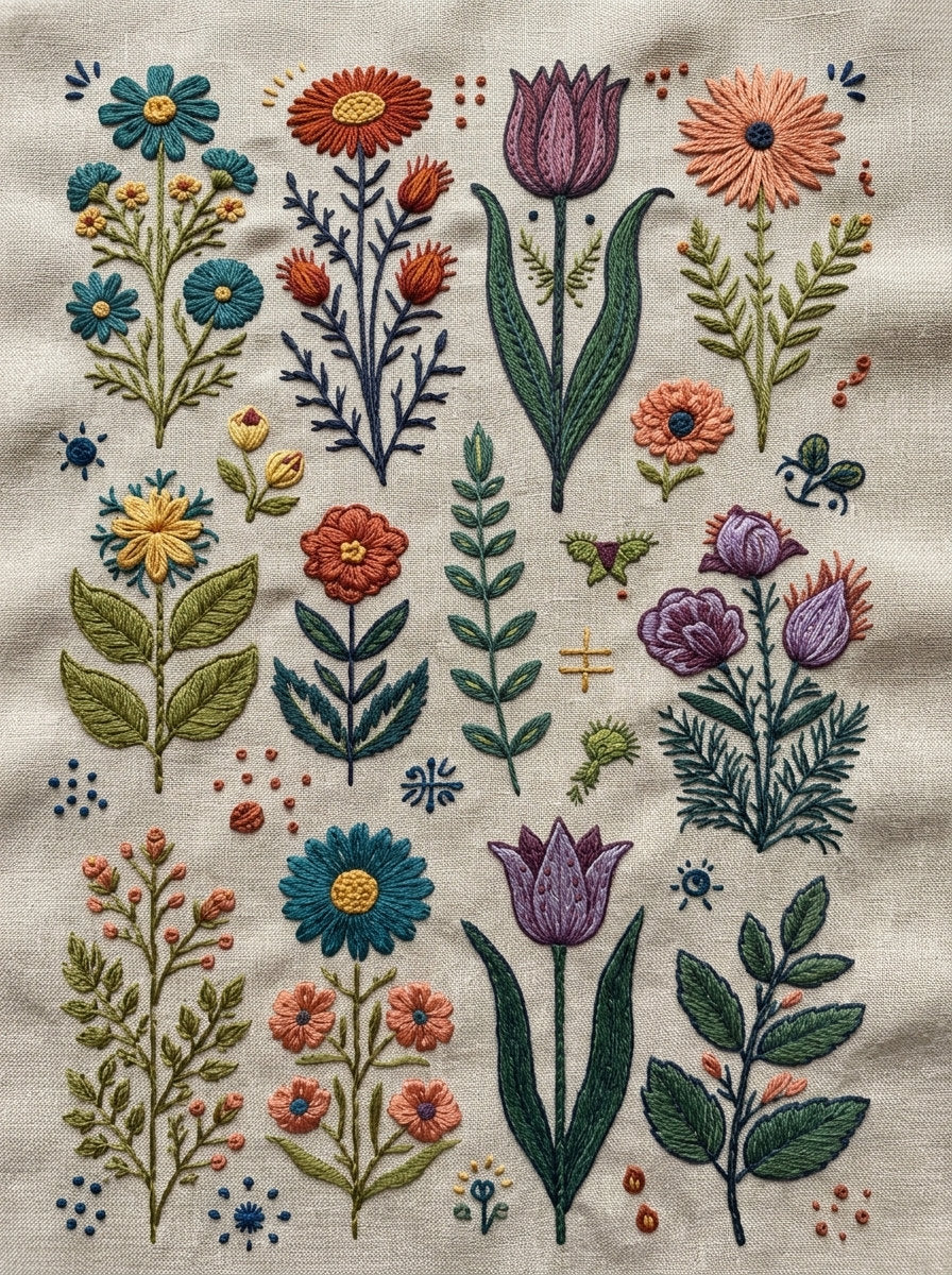 Global Folk Botanical Library Plate from Global Folk Art Embroidery Book 3, a digital embroidery design reference for machine embroidery designs, embroidery patterns and botanical and floral embroidery.
