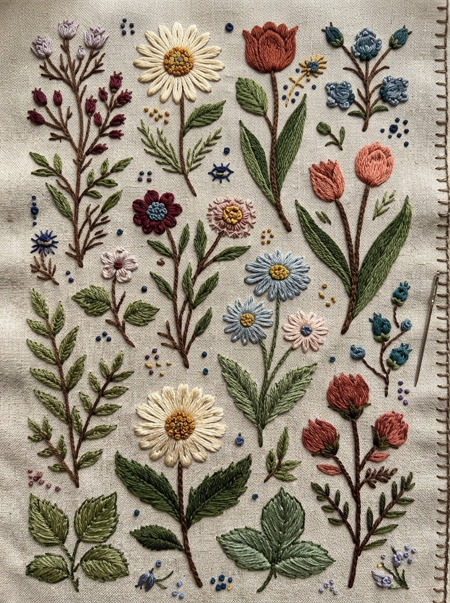 Global Folk Botanical Library Plate from Global Folk Art Embroidery Book 4, a digital embroidery design reference for machine embroidery designs, embroidery patterns and botanical and floral embroidery.