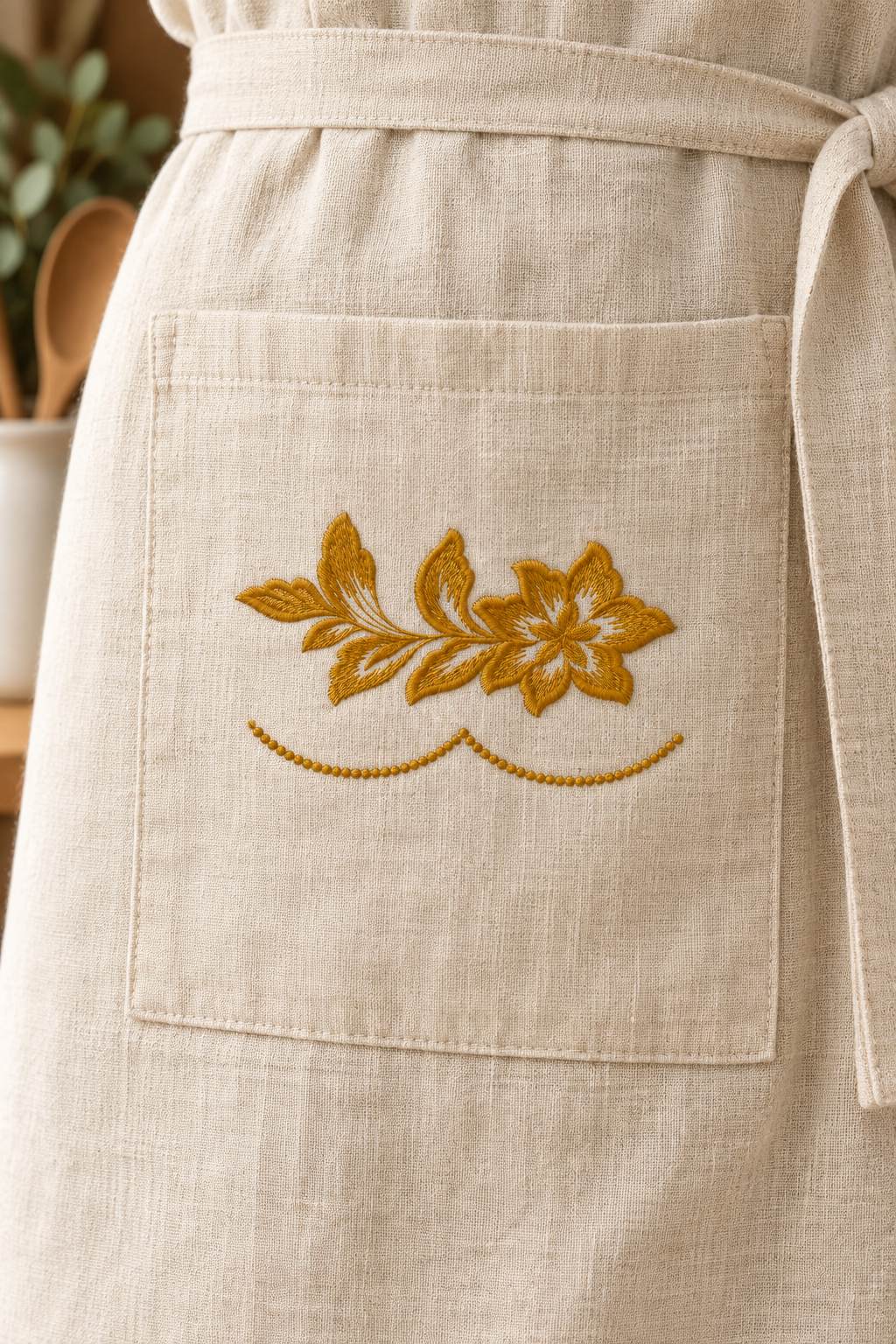 Photorealistic five petal flower accent machine embroidery in muted golden bronze thread on a linen apron pocket, shown as one fabric-stitched motif