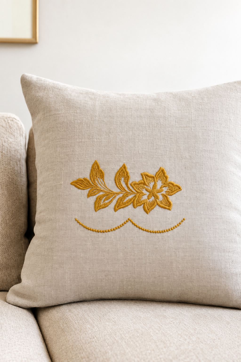 Photorealistic five petal flower accent machine embroidery in muted golden bronze thread on a natural linen cushion, shown as one fabric-stitched motif