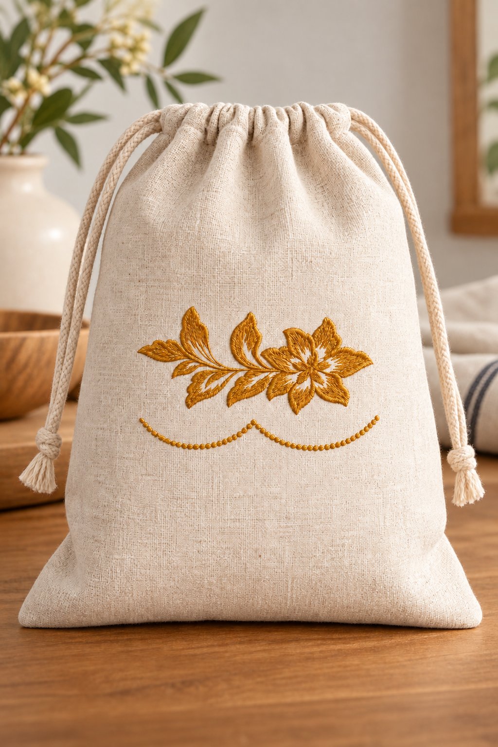 Photorealistic five petal flower accent machine embroidery in muted golden bronze thread on a linen drawstring pouch, shown as one fabric-stitched motif