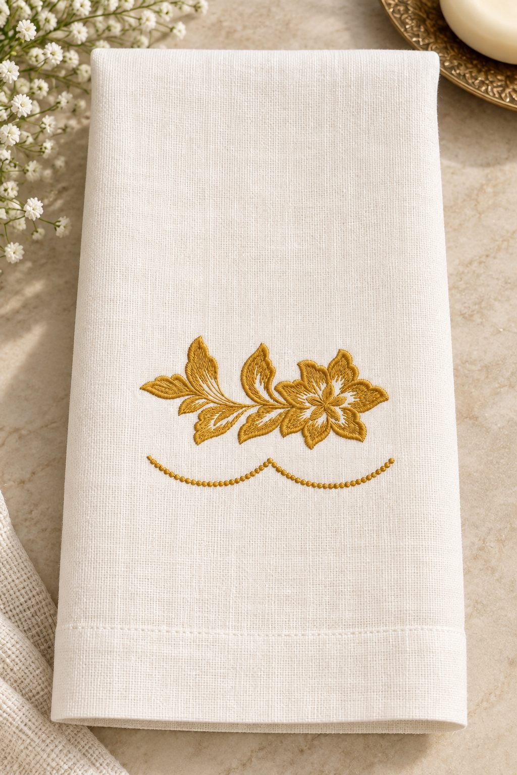 Photorealistic five petal flower accent machine embroidery in muted golden bronze thread on a linen guest towel, shown as one fabric-stitched motif