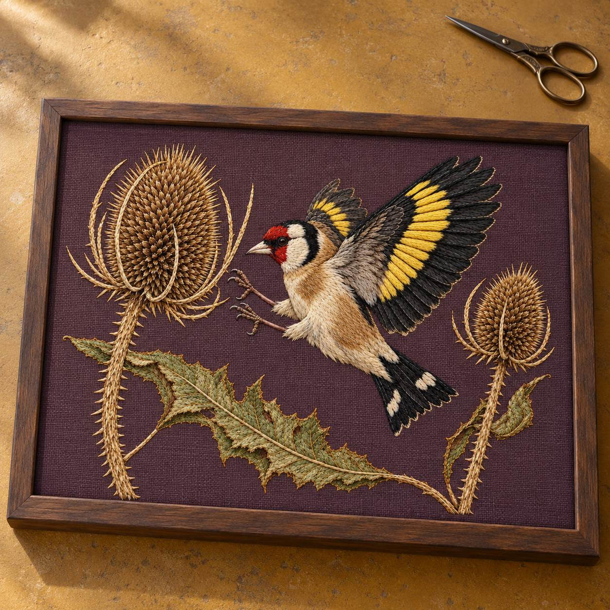 Goldfinch Across the Teasel Crown visual mockup shown on a cloth portfolio cover, with the design on deep muted plum linen.