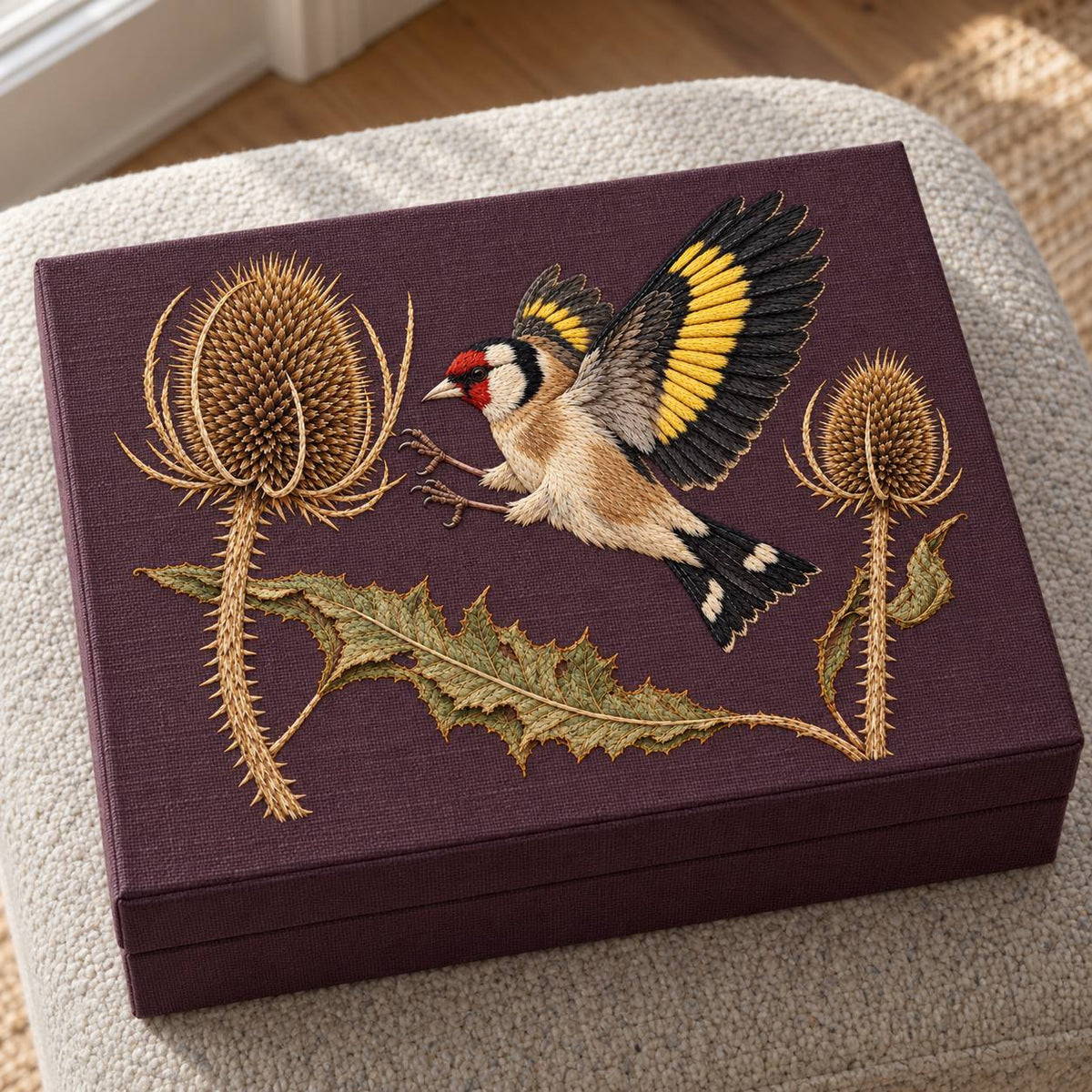 Goldfinch Across the Teasel Crown visual mockup shown on a textile runner over a console, with the design on deep muted plum linen.