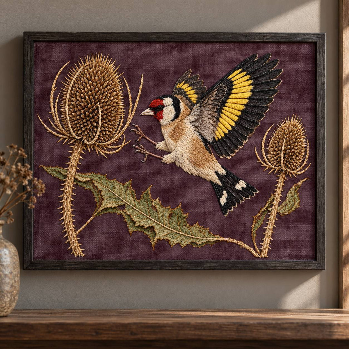 Goldfinch Across the Teasel Crown visual mockup shown as a framed textile in a gallery niche, with the design on deep muted plum linen.