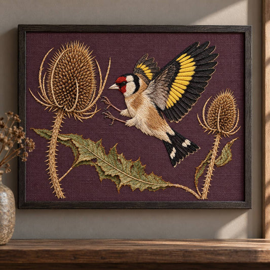 Goldfinch Across the Teasel Crown visual mockup shown as a framed textile in a gallery niche, with the design on deep muted plum linen.