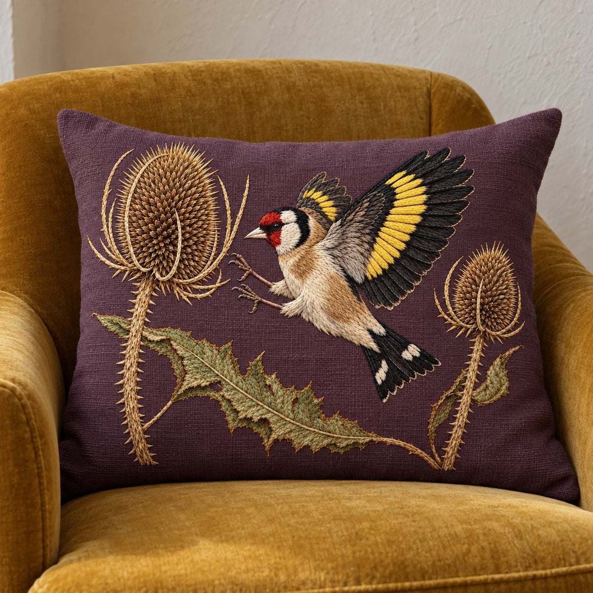 Goldfinch Across the Teasel Crown visual mockup shown on a cushion in a lounge chair, with the design on deep muted plum linen.