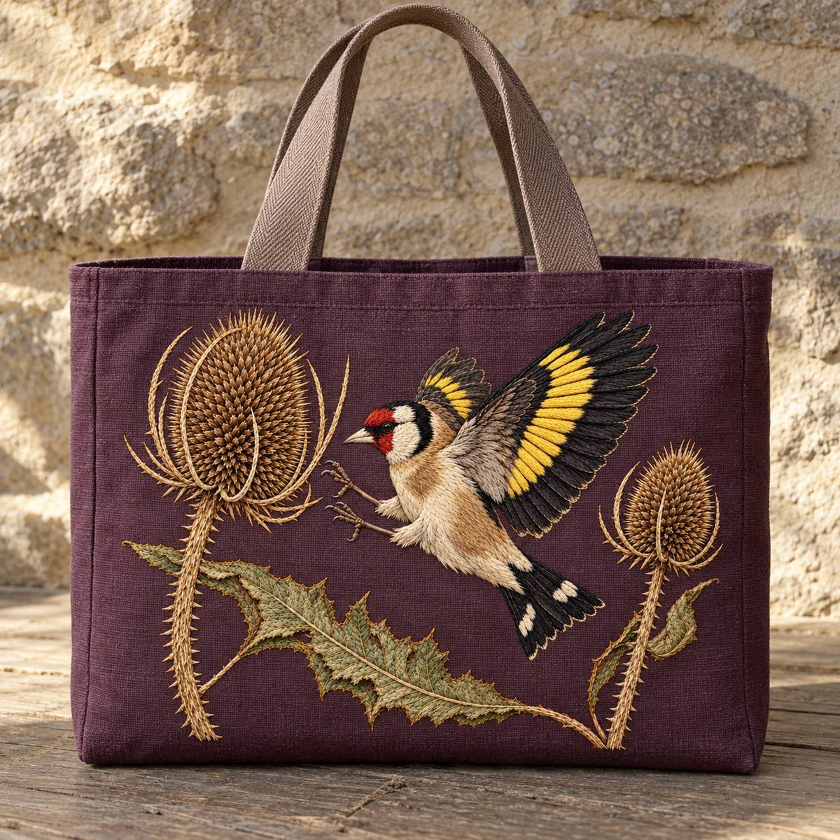 Goldfinch Across the Teasel Crown visual mockup shown on the front of a structured linen tote, with the design on deep muted plum linen.