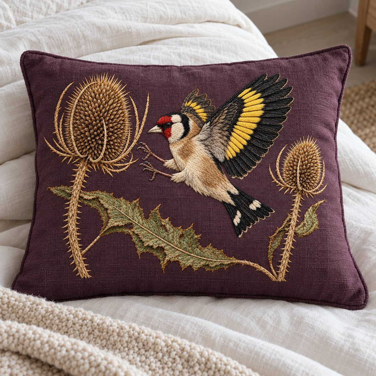 Goldfinch Across the Teasel Crown visual mockup shown on a cushion beside a window, with the design on deep muted plum linen.